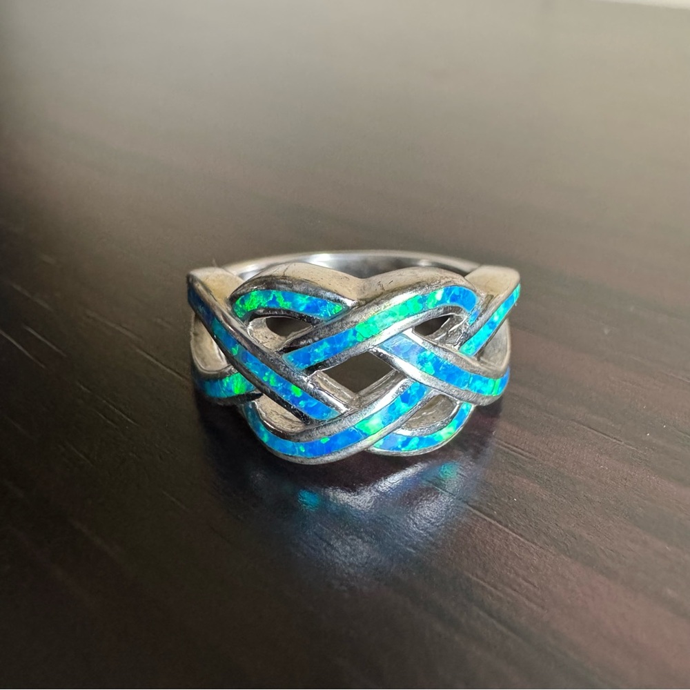 Blue Opal Celtic Knot Ring in US Size 6 - 925 Sterling Silver